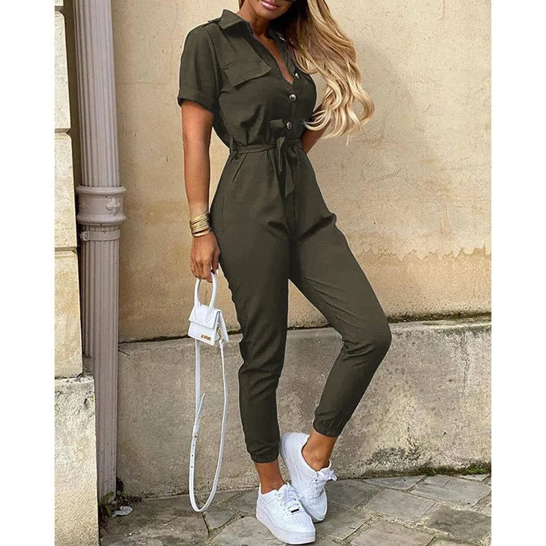 Women's Monochrome Jumpsuit 2024 Spring/Summer Comfortable Casual Flip Collar Printed Belt Work Dress Women's Jumpsuit