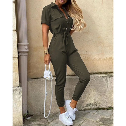 Women's Monochrome Jumpsuit 2024 Spring/Summer Comfortable Casual Flip Collar Printed Belt Work Dress Women's Jumpsuit