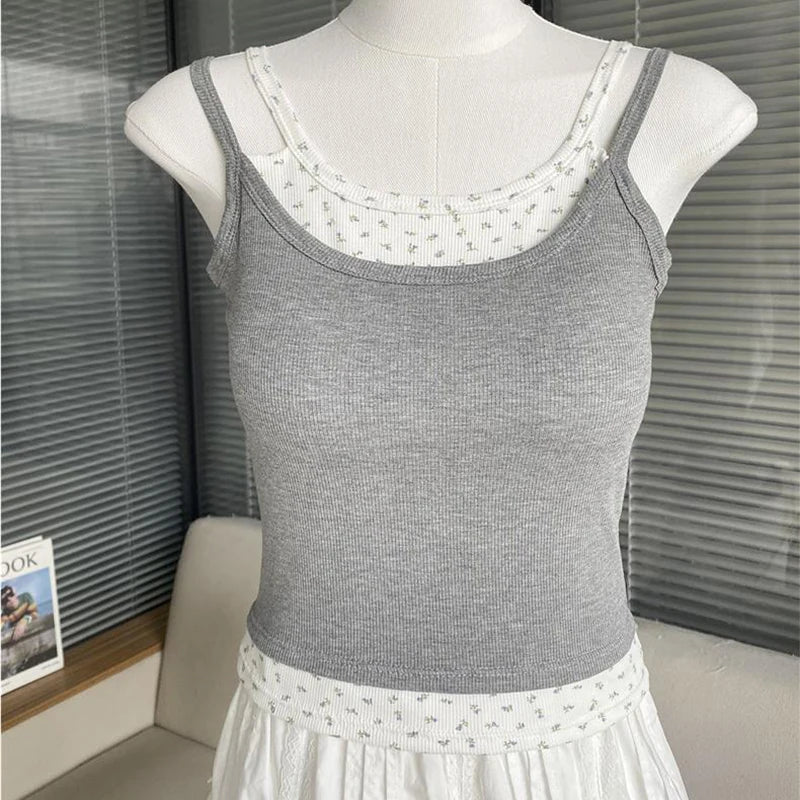 Women Sweet Patchwork Floral Printing Tank Tops With Bra Pad Sexy Off Shoulder Spaghetti Strapy Top Summer Worn Outside Camisole