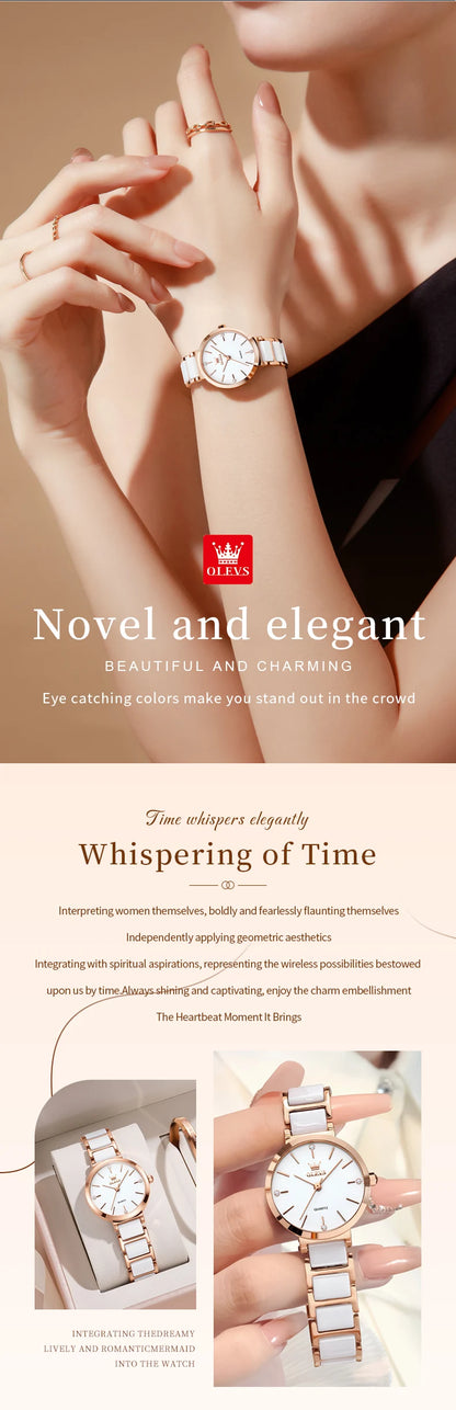 OLEVS 5877 Japan Quartz Movement Woman Watch Simple Elegant Luxury Rose Gold Ceramics Strap Waterproof Ladies Dress Wristwatch
