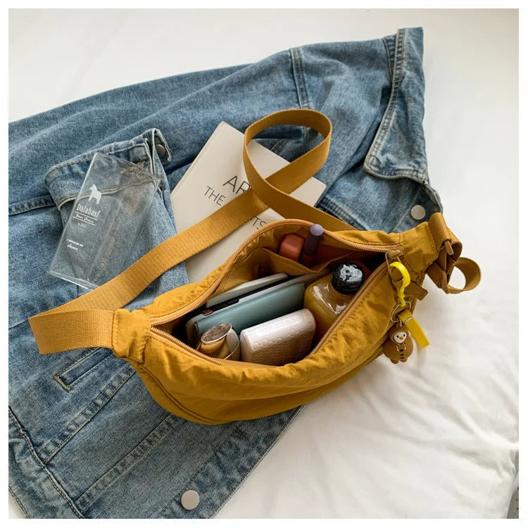 Solid Color Women's Portable Shoulder Bag Simple Female Nylon Cloth Padded Crossbody Bags Travel Purse Handbags Messenger Bag