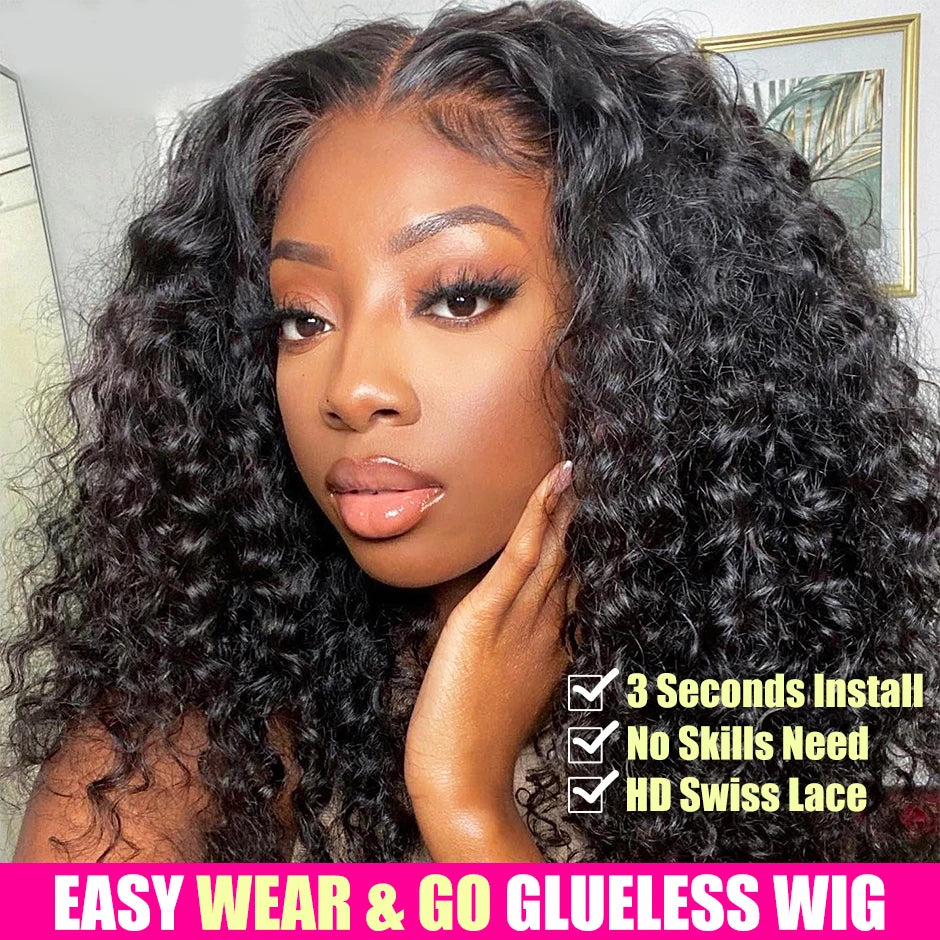 Water Wave Glueless Wig Pre-Cut Lace Wig 180% Pre-Plucked Natural Wave Wear Go Glueless Curly Human Hair Wigs For Women Badiee Stylez