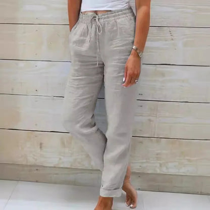 Women Cotton Linen Pants Summer Female High Elastic Waist Drawstring Pocket Beachwear Holiday Straight Trousers JYFS-1044