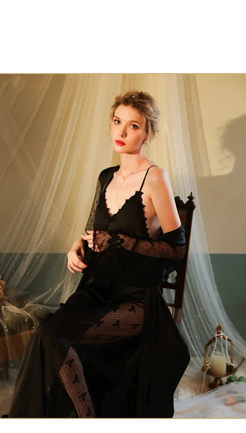 Wedding Bride Robe Set Women Sexy Lace Patchwork Nightgown Long Kimono Bath Gown Loose Suspender Nightdress Intimate Lingerie