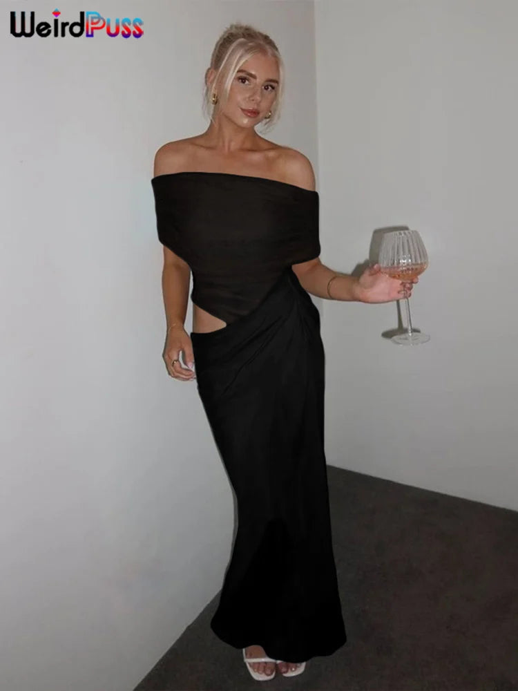 Weird Puss Ruched Irregular Dress Women Mesh Patchwork Slash Neck Short Sleeve Skinny Stretch Trend Elegant Long Bodycon Outfits