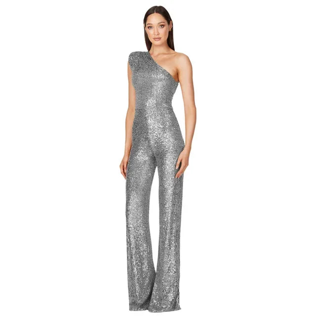 Women Elegant Long Jumpsuits Sexy Glitter Sequin Club Ladies Playsuits Slanted Collar Party Fashion Backless Solid Romper 2024 Badiee Stylez