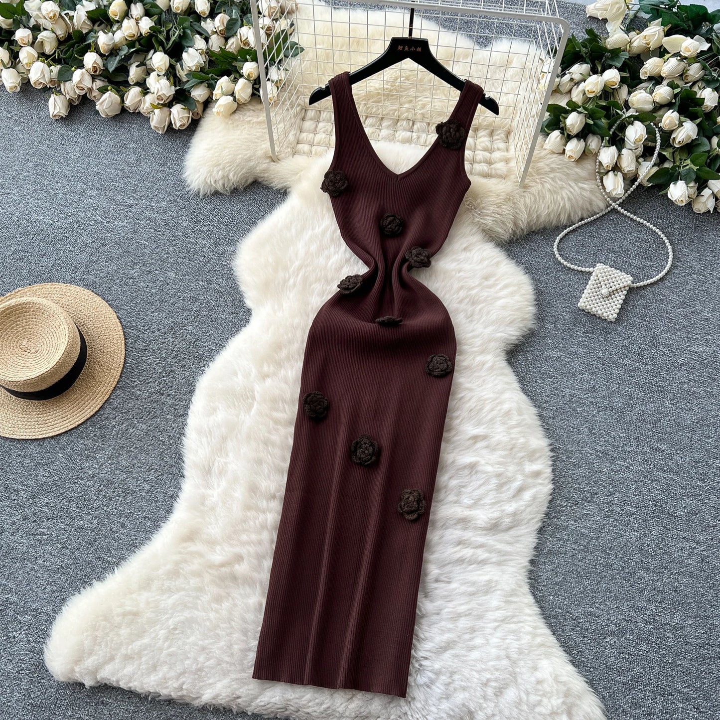 SINGREINY Knitted 3D Flower Chic Dress Sleeveless Slim Solid Elastic Sundress Women Summer Casual Fashion Bodycon Long Dresses