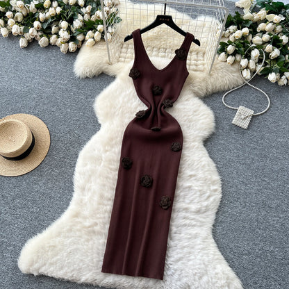 SINGREINY Knitted 3D Flower Chic Dress Sleeveless Slim Solid Elastic Sundress Women Summer Casual Fashion Bodycon Long Dresses