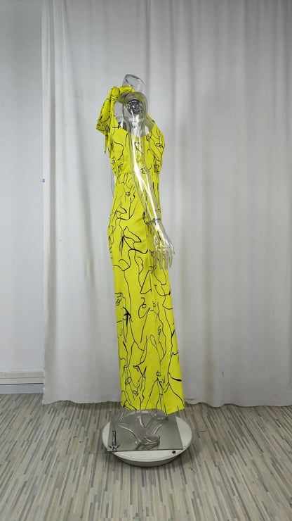 Women's 2025 Off-Shoulder Jumpsuit Flare Wide Leg Romper Artistic Print Lace-up High Waist Vacation Street Style Light Social Badiee Stylez