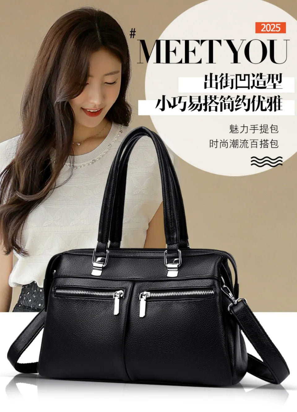 Two Pockets Genuine Brand High Quality Leather Casual Tote Luxury Handbags Women Bags Designer Shoulder Hand Bags for Women Sac