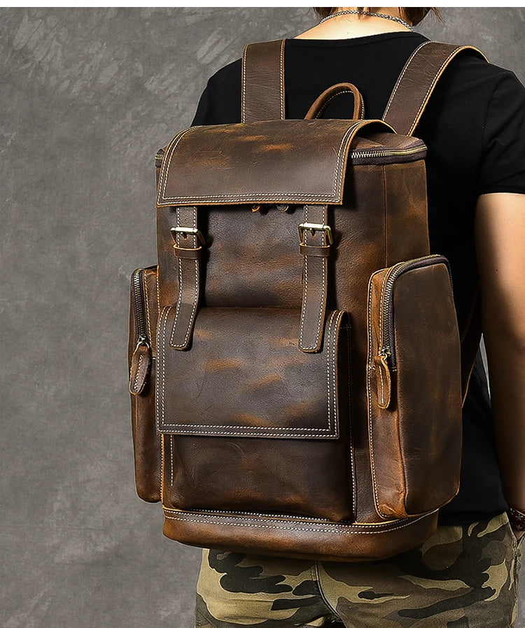 Vintage Crazy Horse Genuine Leather Backpack Men Leather Bagpack Climbing Rucksack male Large Hiking Backpack M814