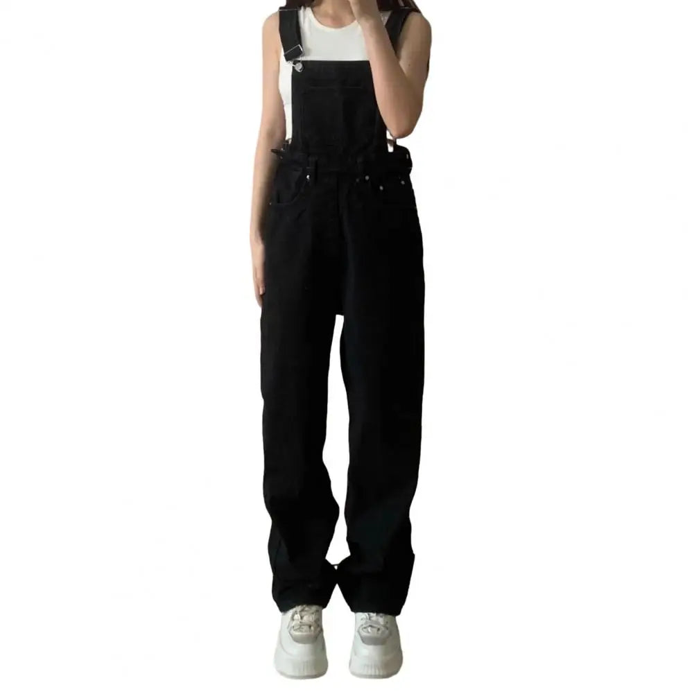 Denim Jumpsuit Summer Women Vintage Preppy Style Pockets Loose Fit High Waist Wide Leg Overalls Streetwear Straight Jeans Black