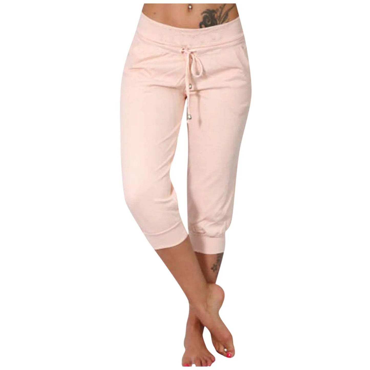 Classic Solid Color Jogging Pants Women Cotton Linen Capris Trousers Bandage Double Pocket Pants Summer Beach Vacation Wear