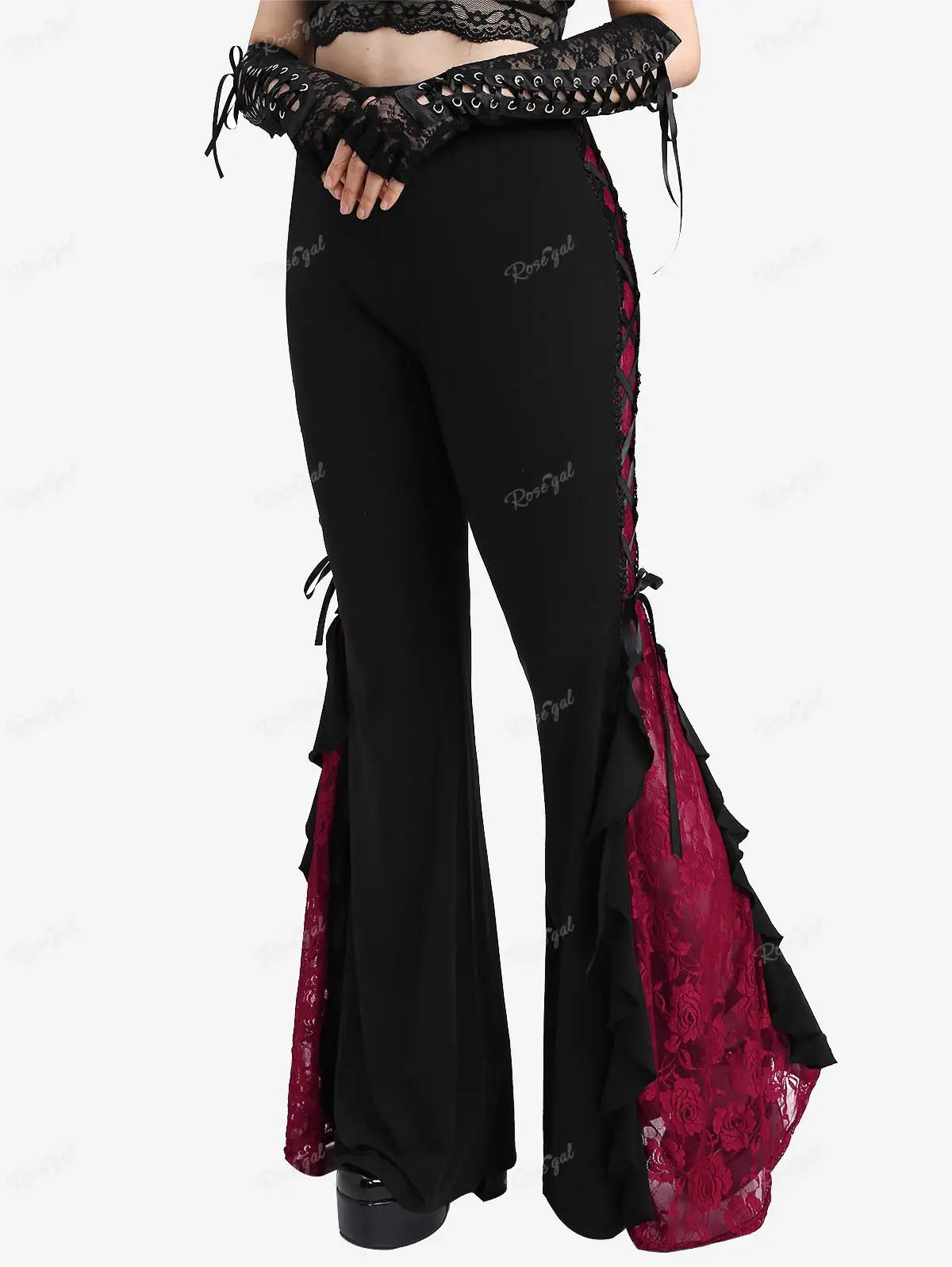 ROSEGAL Plus Size Gothic Lace Panel Lace-up Ruffle Flare Pant Women Streetwear Elastic Waist Pull On Pant Colorblock Bell Bottom