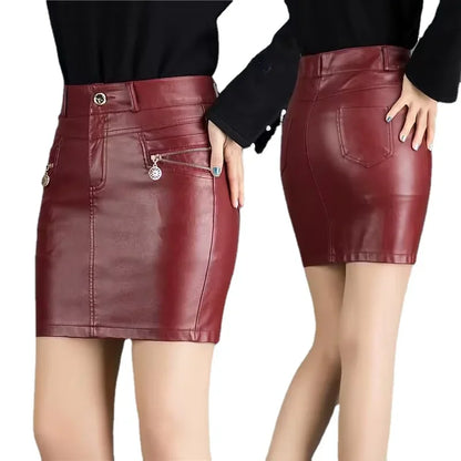 Simplee Sexy high waist PU leather skirt Autumn winter 2017 elegant zipper pocket short women skirt black mini skirt Red