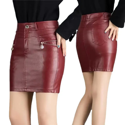 Simplee Sexy high waist PU leather skirt Autumn winter 2017 elegant zipper pocket short women skirt black mini skirt Red
