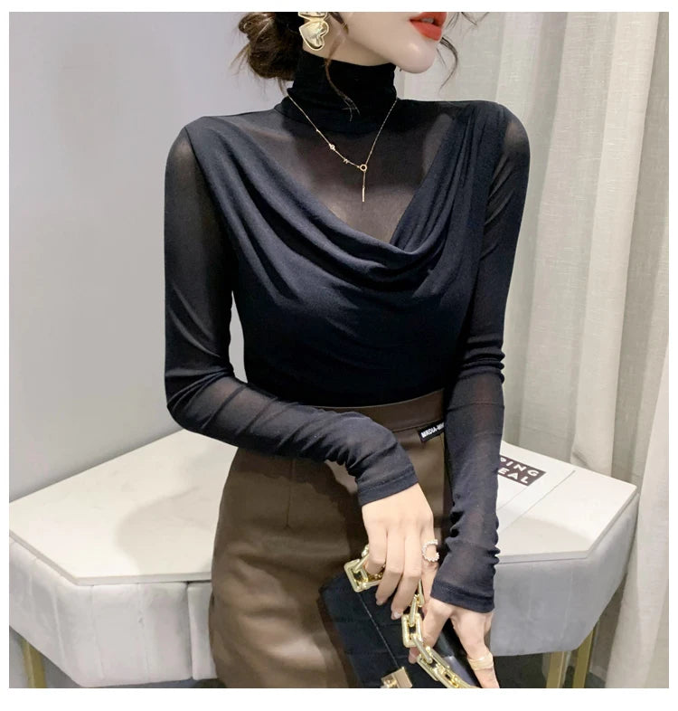 Sexy Mesh Basic T-shirts Women 2025 Fashion Turtleneck Casual Long Sleeve Y2k Tops Korean Clothes Woman Black Winter T Shirt 4XL
