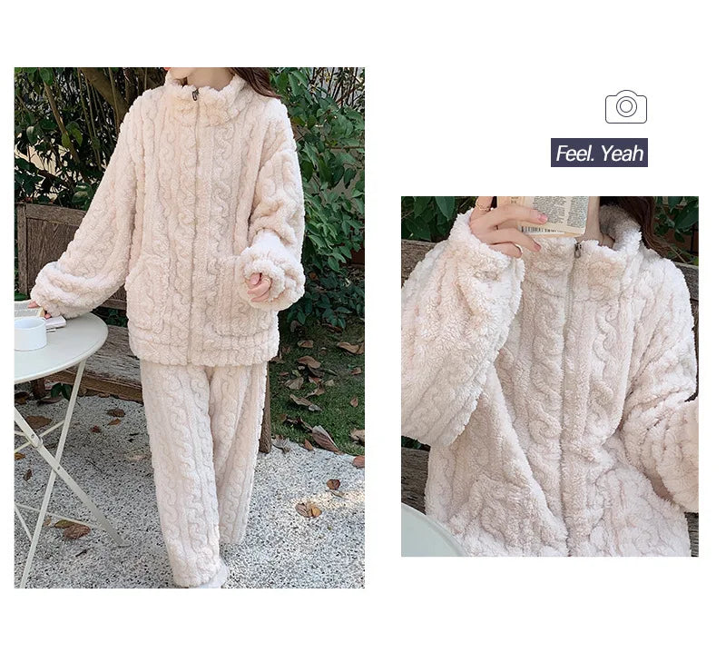 Large Size Flannel Pajamas Set Autumn Winter Female Sleepwear Trouser Suit Thicken Coral Fleece High Collar Lounge Wear Homewear