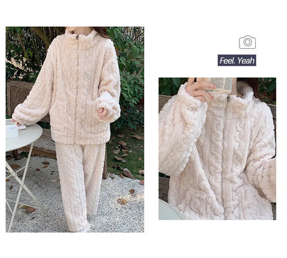 Large Size Flannel Pajamas Set Autumn Winter Female Sleepwear Trouser Suit Thicken Coral Fleece High Collar Lounge Wear Homewear