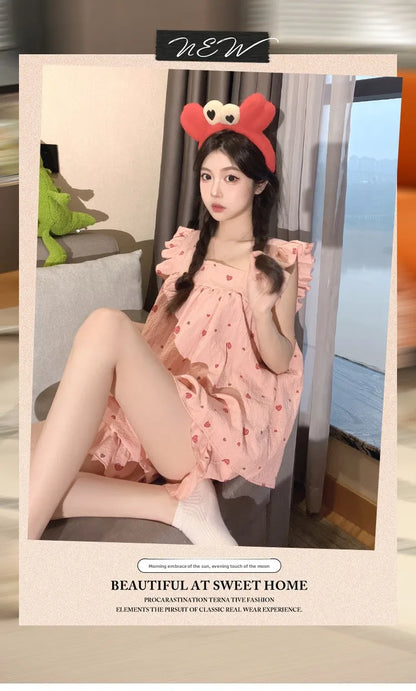 Summer Spwear Women's 2025 New Japanese Sle Fre Vest orts Woven Cotton Thin Home Clothes Set Sweet Print ort Pants