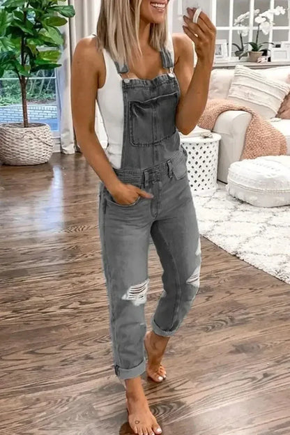 Lugentolo Women Overalls New Sport Jeans Fashion Ripped Denim Female Large Size Mid-rise Straight-leg Trousers Do Old 5XL GRAY