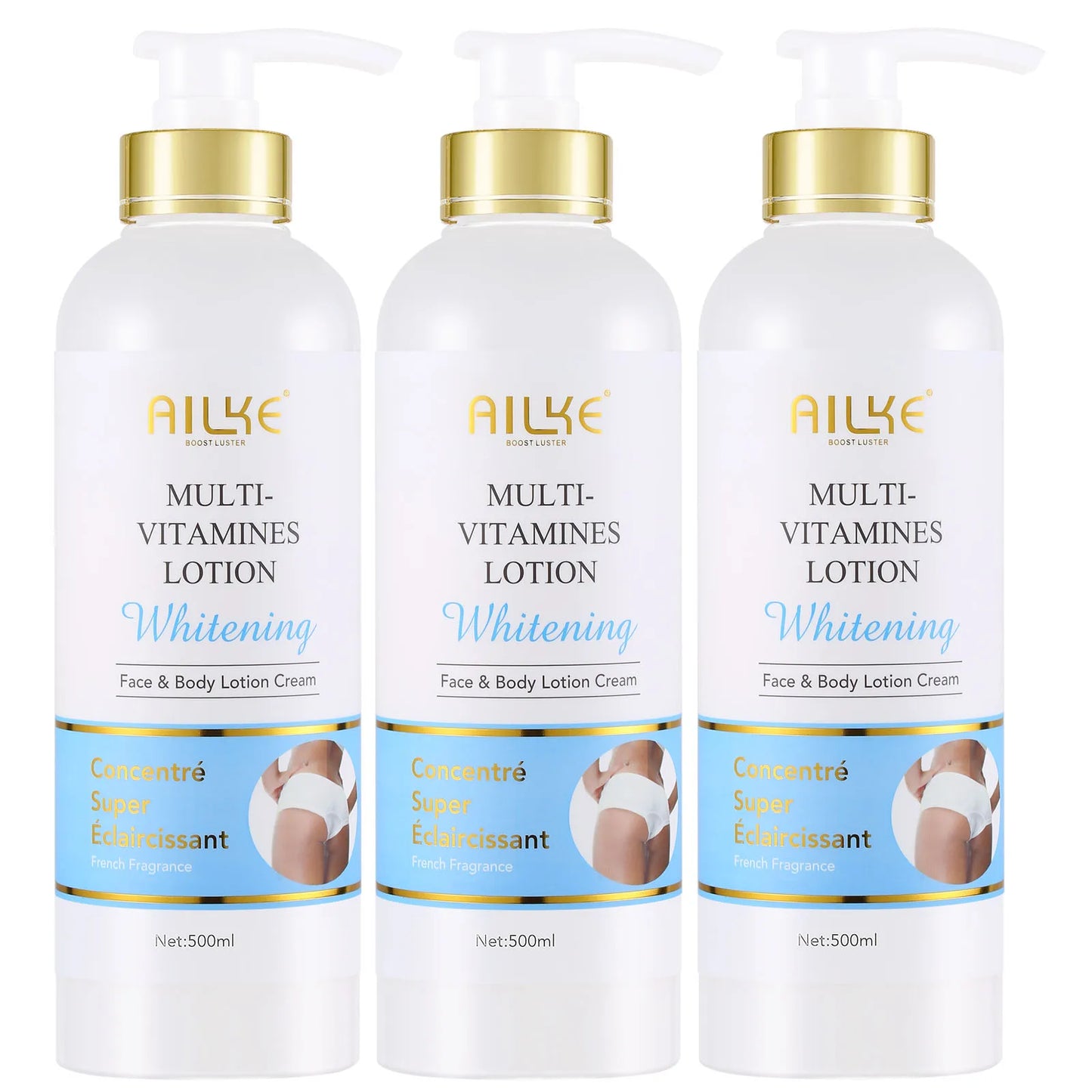 AILKE Multi Vitamin Whitening Body Lotion With Vitamins A,E,B3,B5, Increase Skin Radiance, Even Skin Tone, Moisturizer Cream 3 Bottle Lotion