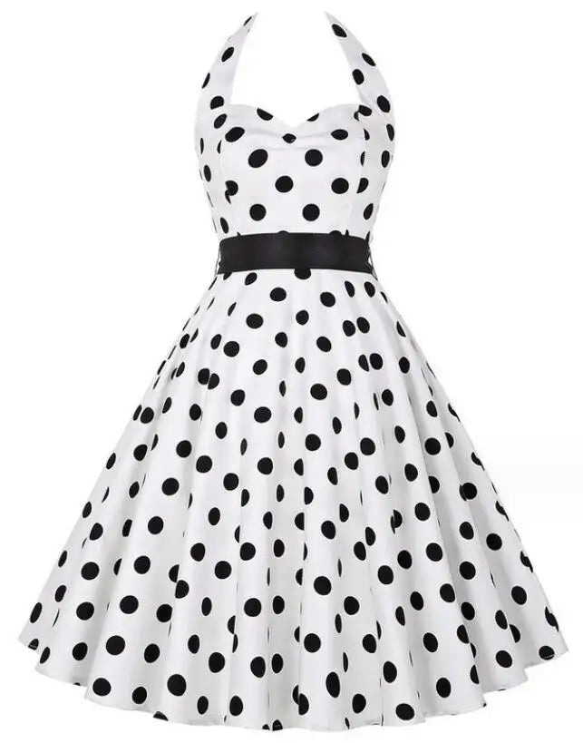 Women Summer Polka Dot Vintage Dress Fashion Party Office Lady Rockabilly Big Swing Halter Clothes