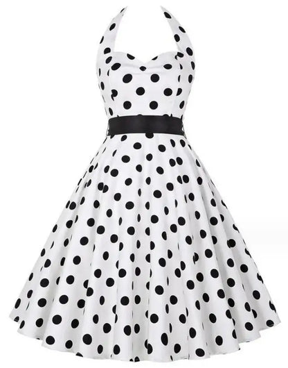 Women Summer Polka Dot Vintage Dress Fashion Party Office Lady Rockabilly Big Swing Halter Clothes