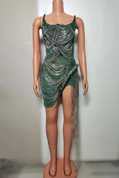 STOCK Sparkly Rhinestone Fringe Dress Women Sexy Birthday Wedding Party Prom Drag Queen Costume Outfit Stage Wear Festival