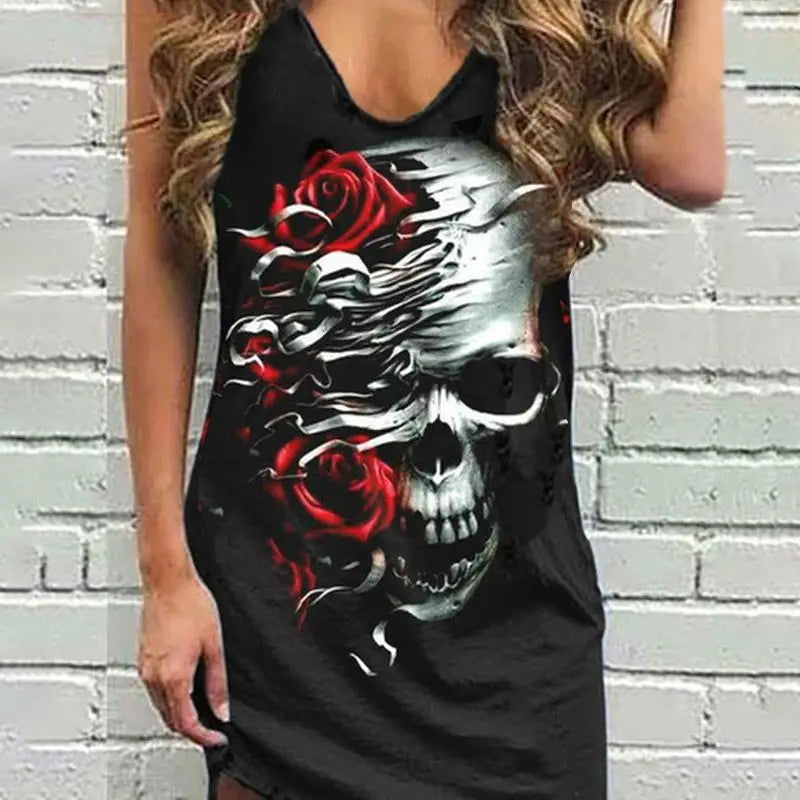 Skull Scarf Sunglasses Print Women Sleeveless Summer Vest dress Solid Color Dress Streetwear O-Neck Casual