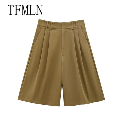 TFMLN Spring Summer New 2pcs Sets 2025 Women Solid Color Short Sleeve Shirts Pockets Tops Casual Shorts Sets
