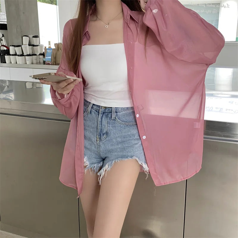 Semi Sheer Long Sleeve Shirt for Women Shimmer Button Down Collared Plain Lightweight Shirt Spring Summer Chic Tops Outfit