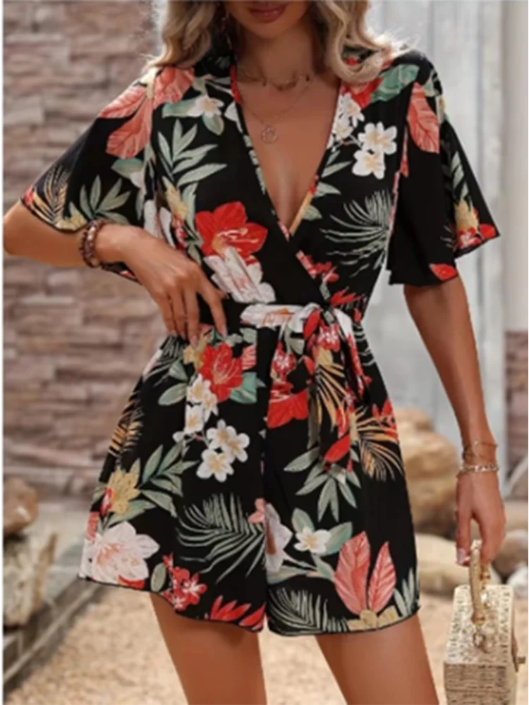 Printed V-neck Short Sleeve Jumpsuit Women Loose High Waisted Jumpsuit Beach Vacation Comfortable Summer Clothes Black
