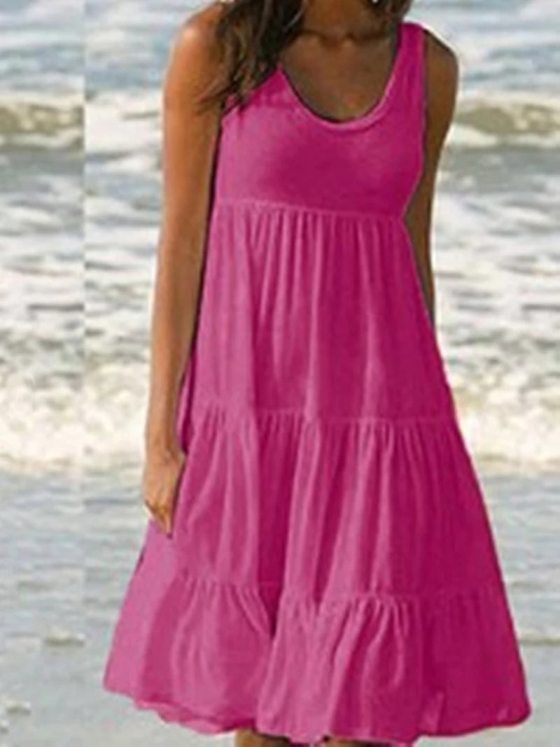 Women Causual O Neck Sleeveless Ruffles Mini Dress Boho Solid Beach Sundress Oversized Loose Dress 2023 Summer