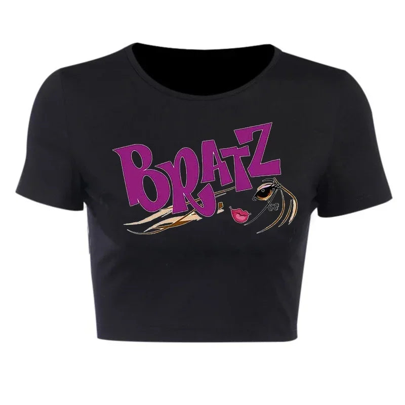 Streetwear 90s Summer New Y2k Women's Clothing Bratz Letter Printing Black Crop Tops O-neck Vintage Casual Short Sleeve T-shirts 30066-black-luqiz