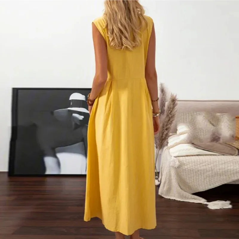 New Dresses 2025 Woman Fashion Lapel A-line Vintage Cotton Linen Long Skirt Women's Clothing Tops