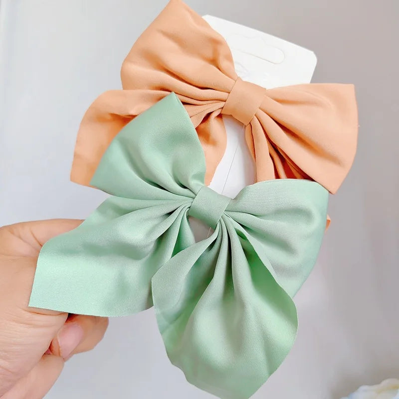 Solid Color Satin Bowknot Hair Clips For Girls Sweet Bow Women Hairpins Butterfly Barrettes Duckbill Clip Kids Hair Accessories 2pcs-Orange Green