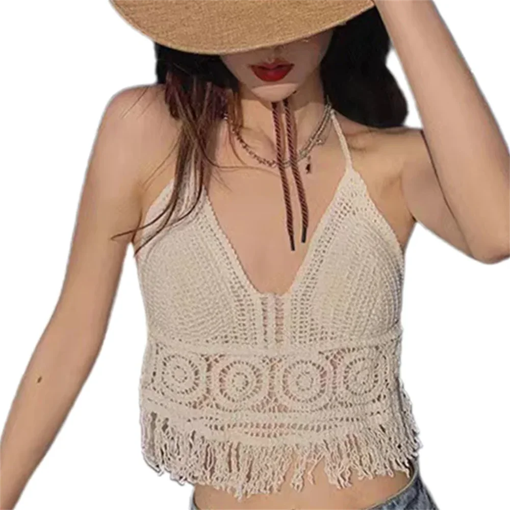 Sexy Boho Beach Holiday Camisole Halter Women Crochet Knit Swimsuit Bra Backless Vest Hollow Tassel Tank Top Women's Crop Tops