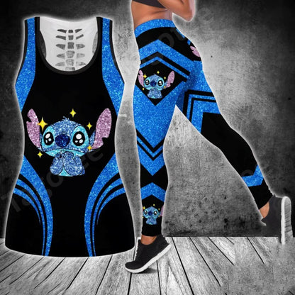 2024 Disney Stitch Women's Hollow Tanktop Yoga Set Summer Fitness Leggings Tracksuit Disney Cutout Tank Top Leggings Set 6