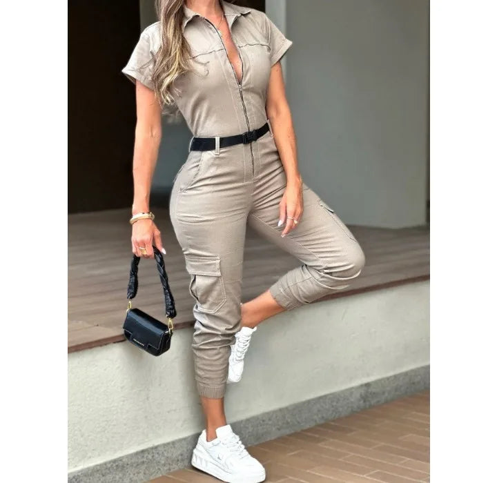 Sexy Women's Jumpsuit 2024 Summer New Fashion Zipper Workwear Short Sleeved Lapel Multi Pocket Waistband Bodysuit Pants Female