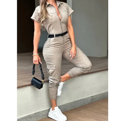 Sexy Women's Jumpsuit 2024 Summer New Fashion Zipper Workwear Short Sleeved Lapel Multi Pocket Waistband Bodysuit Pants Female