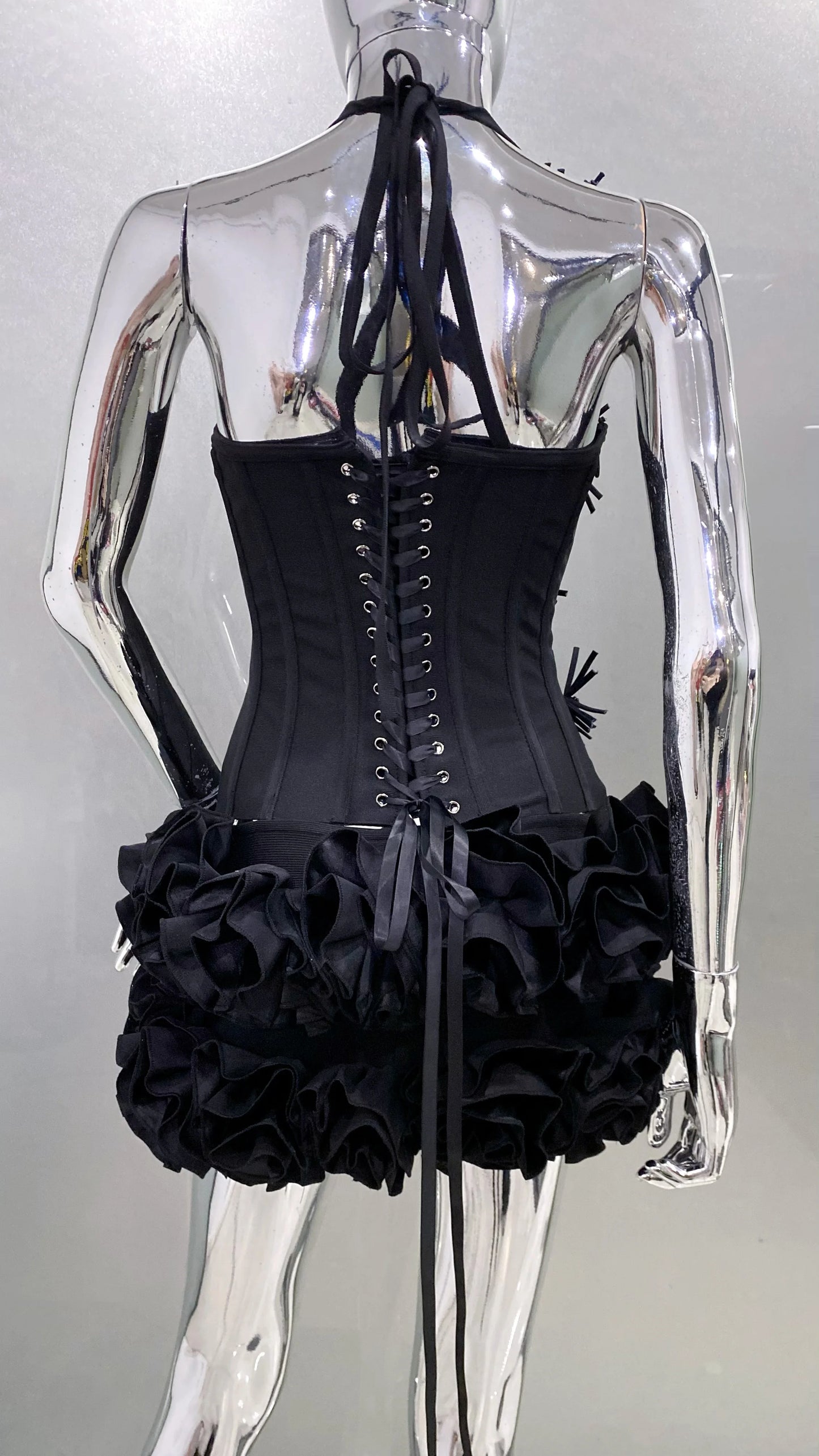 Black Red Women Sexy Strapless Laced-up Tops 2 Pieces Florals Bodycon Mini Bandage Dress Celebrate Nightclub Party Stage Wear