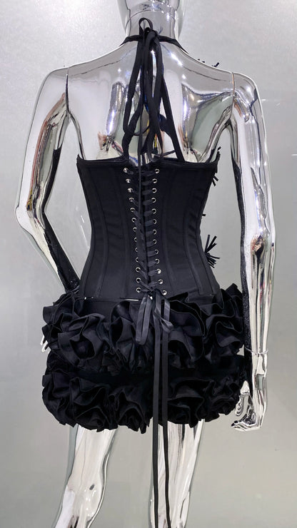 Black Red Women Sexy Strapless Laced-up Tops 2 Pieces Florals Bodycon Mini Bandage Dress Celebrate Nightclub Party Stage Wear