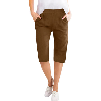 Womens Capris Cotton Linen Pants Drawstring Elastic Waist Pants Casual Cropped Trousers Daily Breeches Five Half Pants Pantalone Brown