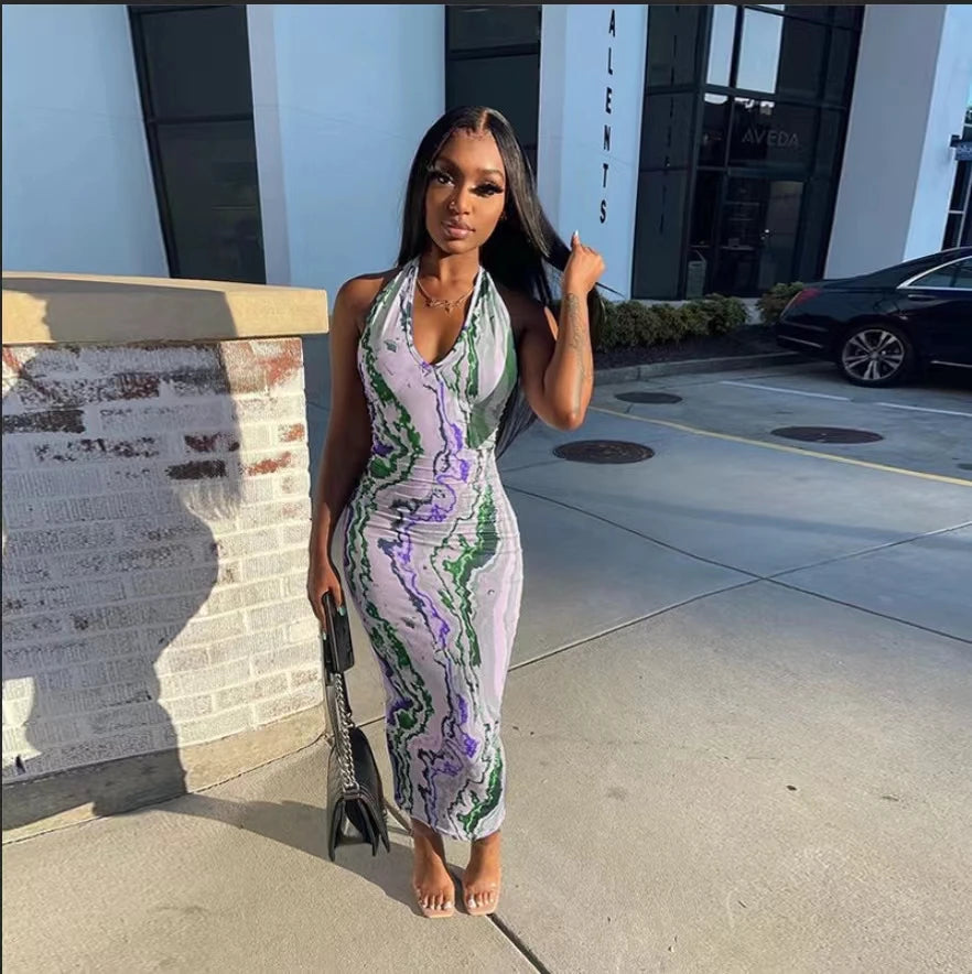 2024 AliExpress European and American cross-border summer fashion print halterneck mid-waist temperament hip wrapping dress