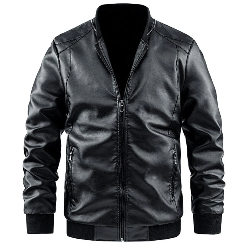 Men's Casual Leather Jacket Jacket Fashion Solid Color Collar Zipper Pocket Biker Clothing Bomber Motorcycle PU Jacket