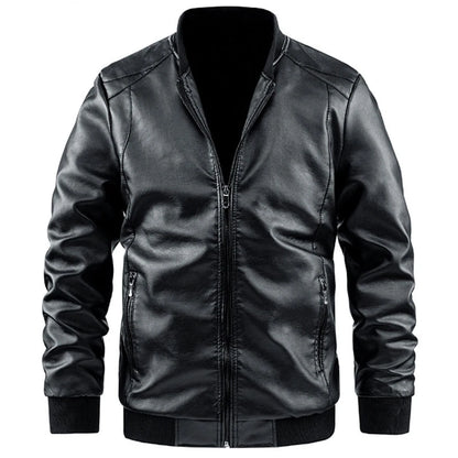 Men's Casual Leather Jacket Jacket Fashion Solid Color Collar Zipper Pocket Biker Clothing Bomber Motorcycle PU Jacket