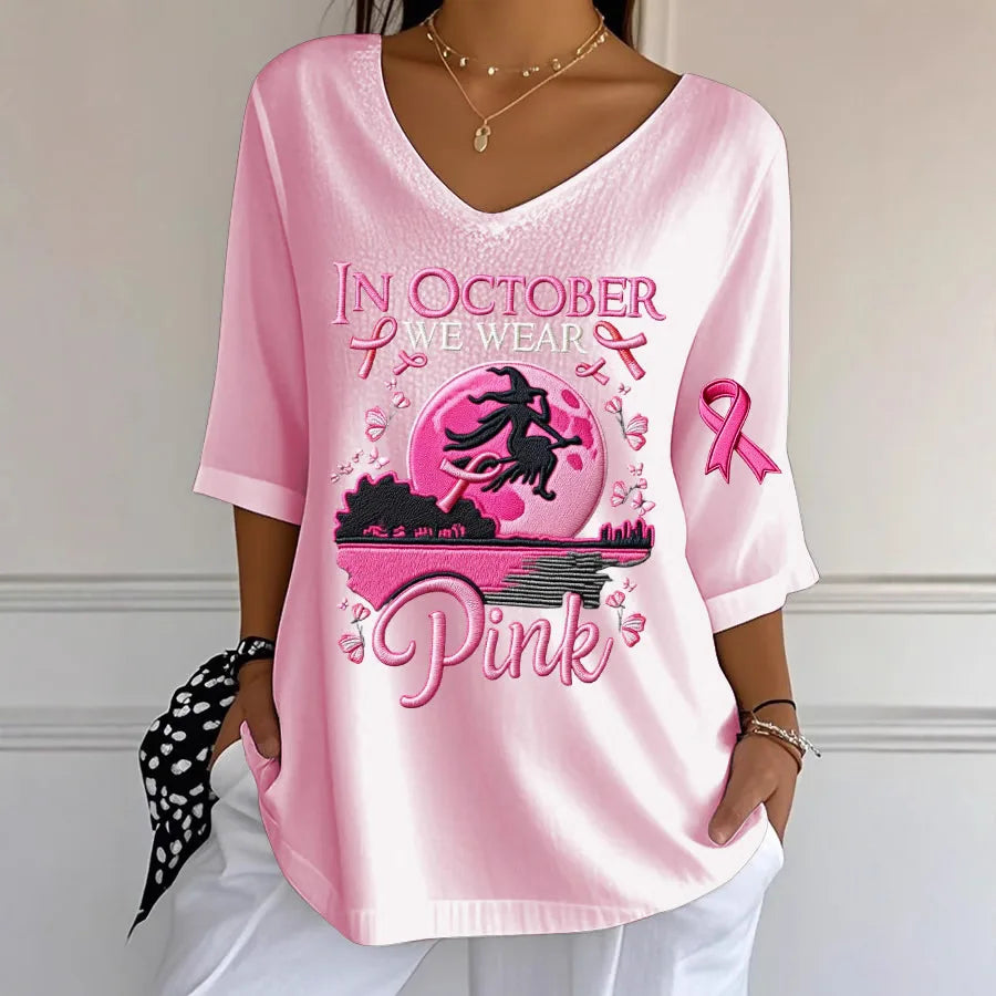 Women's Halloween Graphic Print T-Shirt Pink Ribbon Witch Halloween Costume T-Shirt Gifts Women Fashion Gothic Aesthetic Clothes