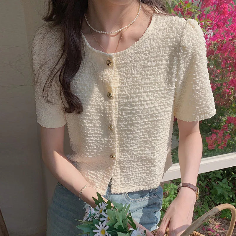 New Summer Short Sleeve O-Neck Women Shirt Sweet White Shirt Blouse Women Tops 2025 Blouses Shirts Blusas Para Mujer Blusa XL183 Apricot