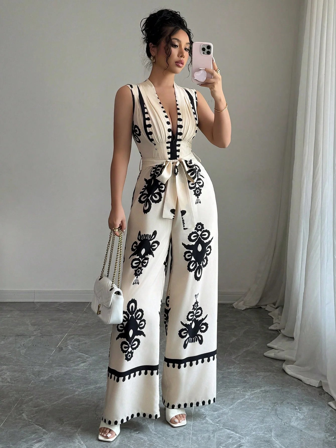 Women's fashion lace up printed V-neck wide leg jumpsuit Badiee Stylez